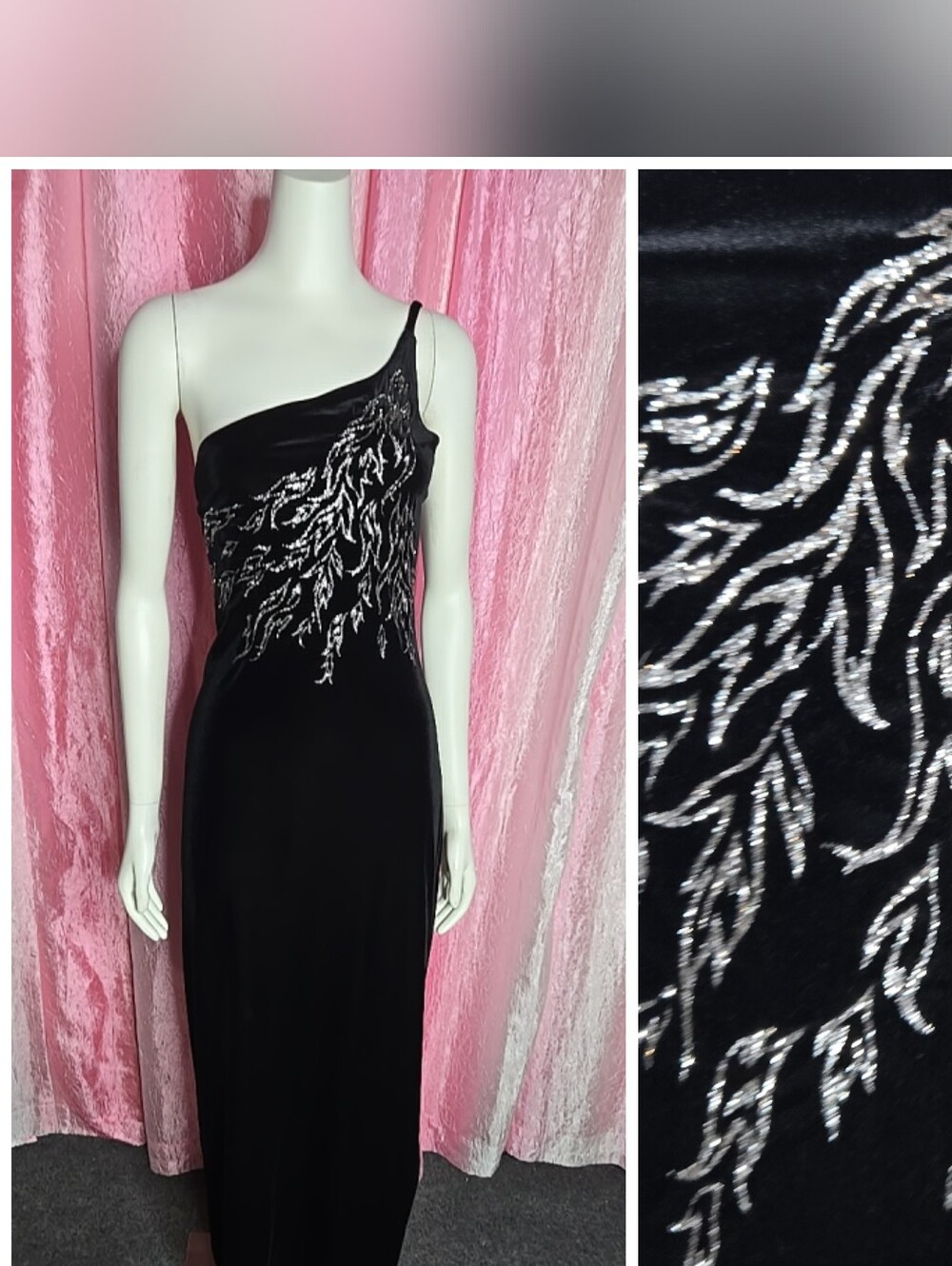 Vintage 90's Y2K Black Velvet One Shoulder Glitter Whimsigoth Dress Size Medium